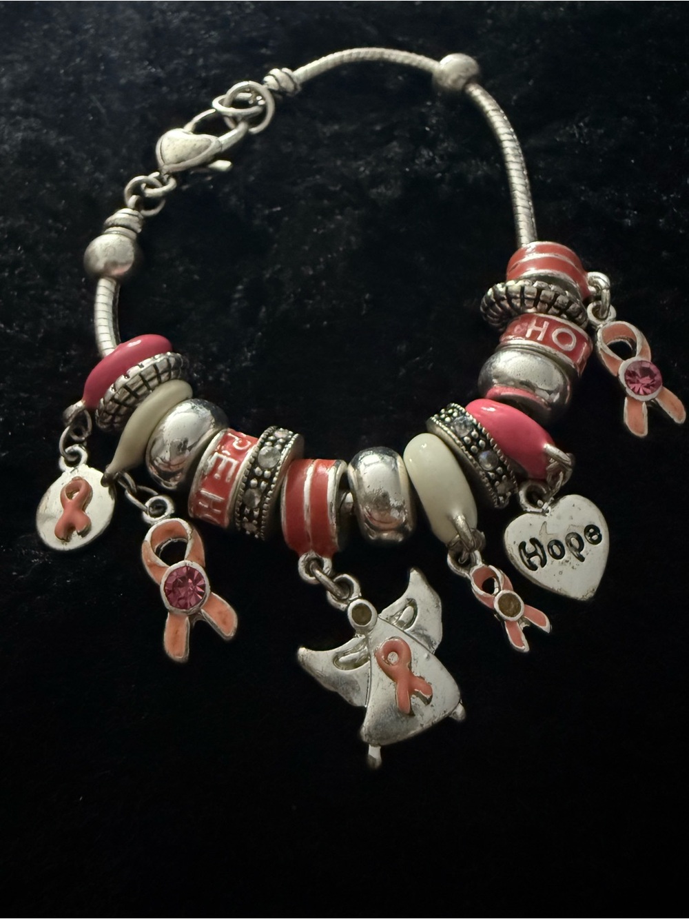 Breast Cancer Awareness Pink Ribbon Hope Charm Silver Tone Bracelet